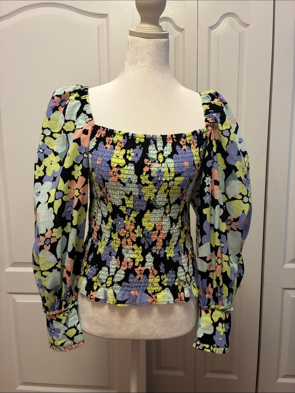 Free People Black Floral Smocked Square-Neck Blouse